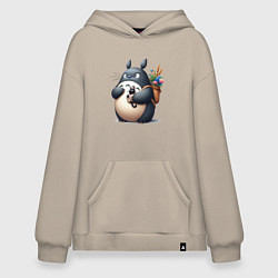 Толстовка-худи оверсайз Totoro and black cat - anime, цвет: миндальный