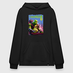 Толстовка-худи оверсайз Кибер Шрек в татухах - прикол, цвет: черный