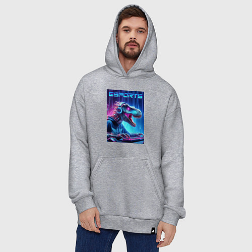 Худи оверсайз Tyrannosaurus is esports player - neon glow / Меланж – фото 4