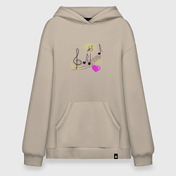 Толстовка-худи оверсайз Музыка это моя любовь на светлом фоне, цвет: миндальный