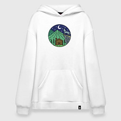 Толстовка-худи оверсайз Избушка в ночных горах, цвет: белый