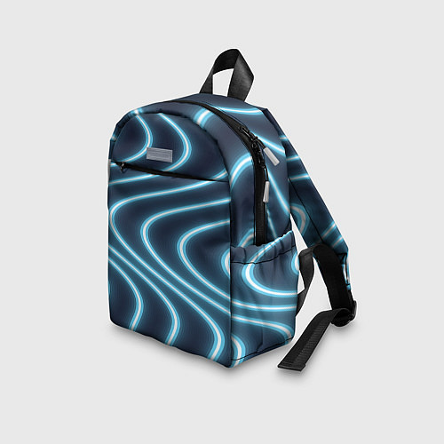 Детский рюкзак Неоновый свет Волны голубые на темном фоне / 3D-принт – фото 3