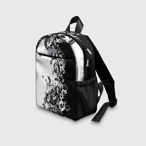 Детский рюкзак Черно-белая птица среди узорчатых цветов / 3D-принт – фото 3