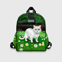 Детский рюкзак Белый кот на лугу пиксель арт
