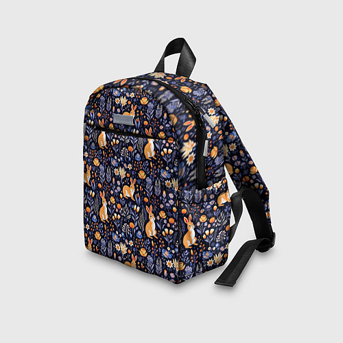 Детский рюкзак Оранжевые зайчики в траве на синем фоне / 3D-принт – фото 3