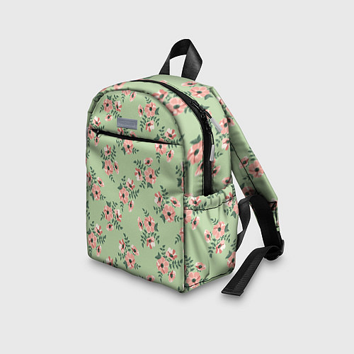 Детский рюкзак Паттерн с розовыми цветами на бледно-зеленом / 3D-принт – фото 3