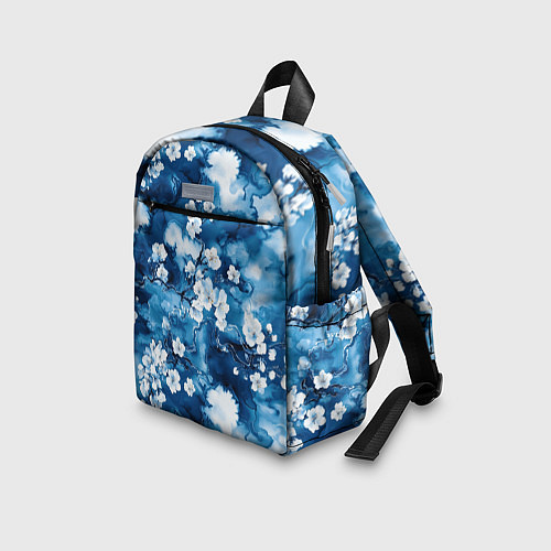 Детский рюкзак Цветы белой сакуры - паттерн на синем фоне / 3D-принт – фото 3