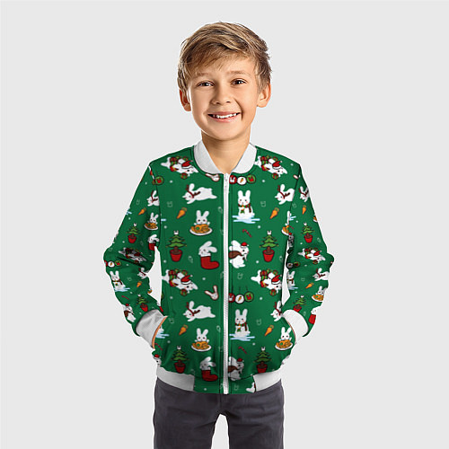 Детский бомбер Новогодний паттерн с зайчиками / 3D-Белый – фото 3