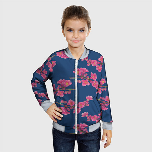 Детский бомбер Веточки айвы с розовыми цветами на синем фоне / 3D-Серый – фото 4