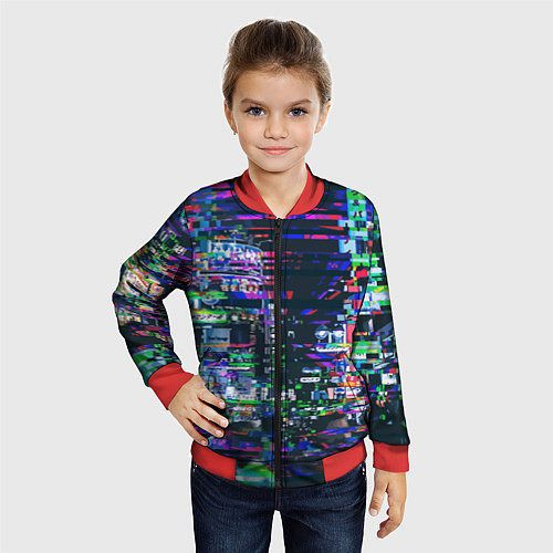 Детский бомбер Ночной город - glitch / 3D-Красный – фото 4
