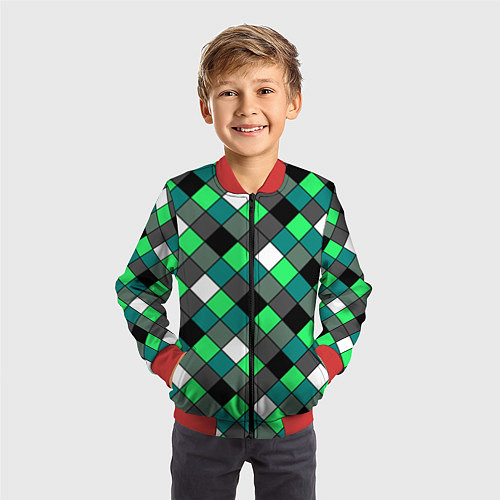 Детский бомбер Геометрический узор в зеленых и черный тонах / 3D-Красный – фото 3