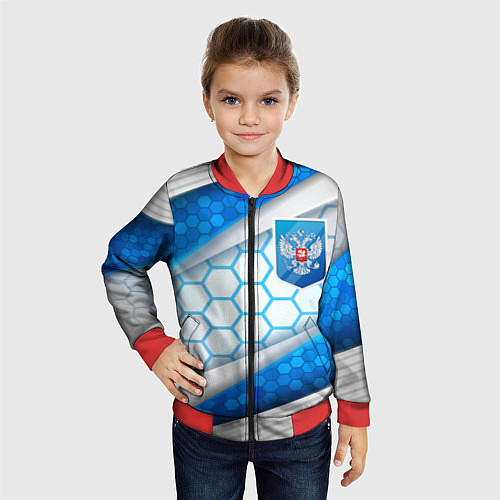 Детский бомбер Синий герб России на объемном фоне / 3D-Красный – фото 4