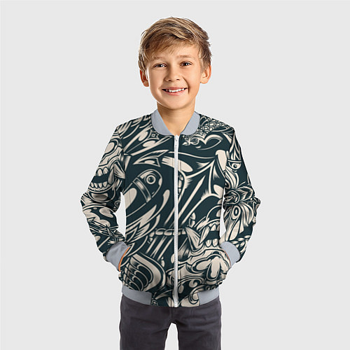Детский бомбер Японская тату текстура / 3D-Серый – фото 3