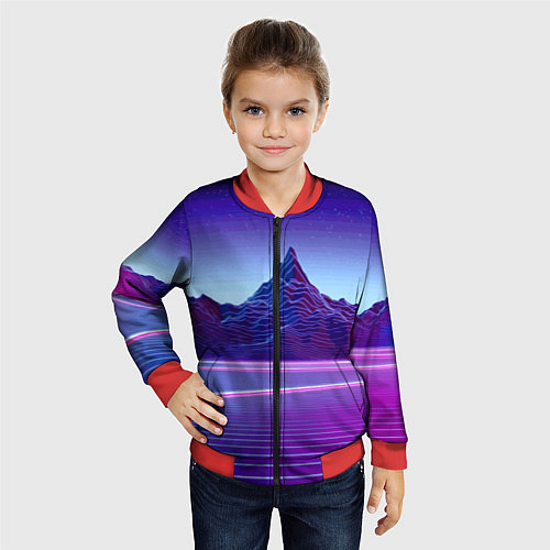 Детский бомбер Neon mountains - Vaporwave / 3D-Красный – фото 4