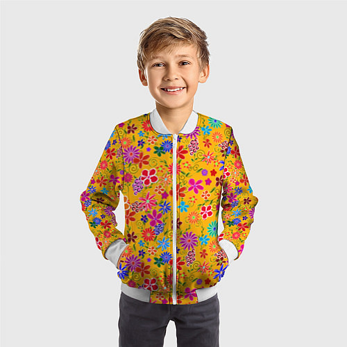Детский бомбер Нарисованные цветы - орнамент / 3D-Белый – фото 3