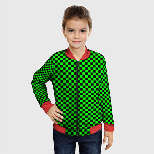 Детский бомбер Зелёная шахматка - паттерн / 3D-Красный – фото 4