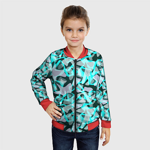 Детский бомбер Пятнистый абстрактный узор серый с бирюзовыми лини / 3D-Красный – фото 4