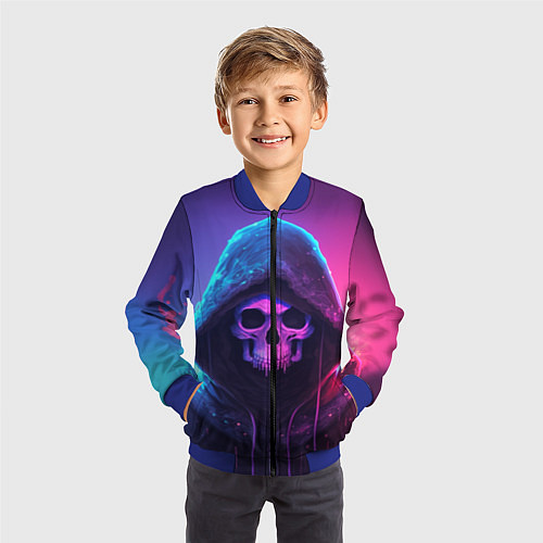 Детский бомбер Неоновый череп в капюшоне / 3D-Синий – фото 3