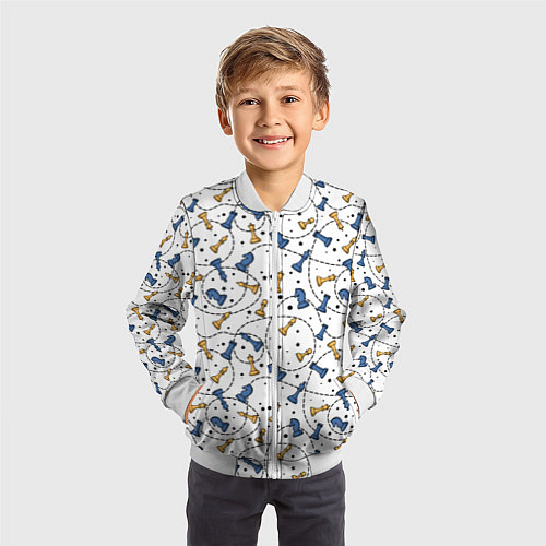 Детский бомбер Синие и желтые шахматные фигуры на белом фоне / 3D-Белый – фото 3