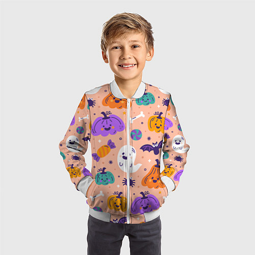 Детский бомбер Halloween - pumpkins and ghosts / 3D-Белый – фото 3