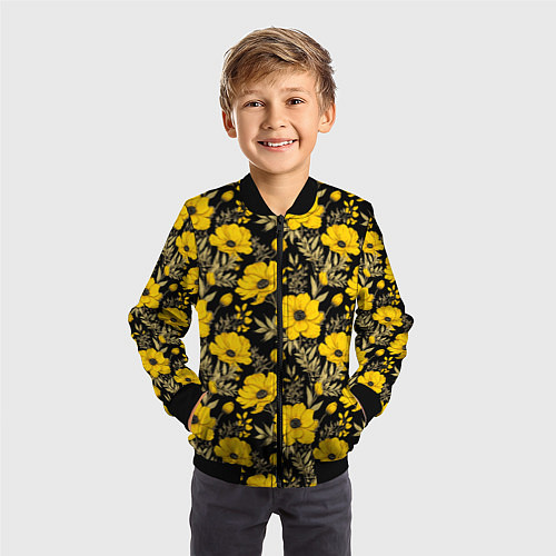 Детский бомбер Желтые цветы на черном фоне паттерн / 3D-Черный – фото 3