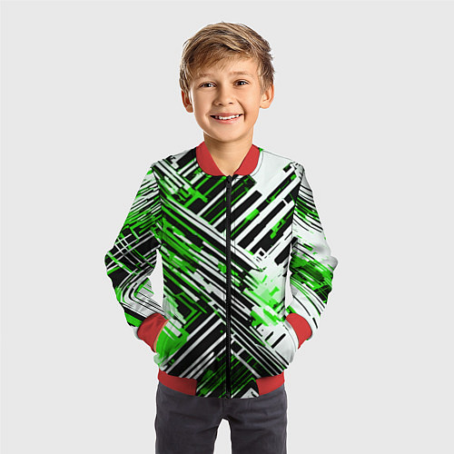 Детский бомбер Киберпанк линии белые и зелёные / 3D-Красный – фото 3