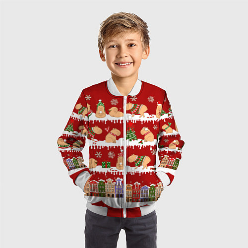 Детский бомбер Капибара с семьей на Новый год / 3D-Белый – фото 3