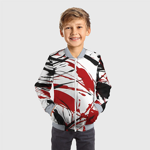 Детский бомбер Чёрные и красные брызги на белом фоне / 3D-Серый – фото 3