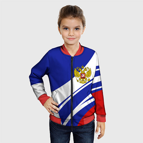 Детский бомбер Герб России на абстрактных полосах / 3D-Красный – фото 4