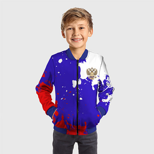Детский бомбер Российский герб на триколоре / 3D-Синий – фото 3