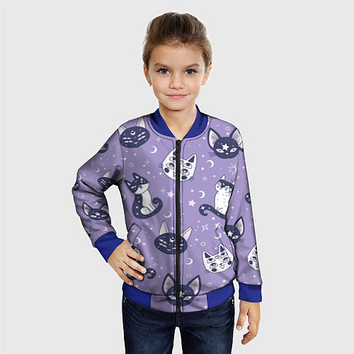 Детский бомбер Мистические кошечки - паттерн фиолетовый / 3D-Синий – фото 4
