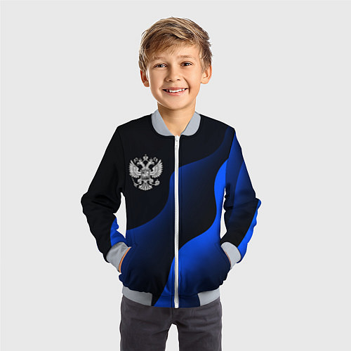 Детский бомбер Герб РФ - глубокий синий / 3D-Серый – фото 3