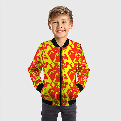 Детский бомбер Красные фигуры на жёлтом фоне / 3D-Черный – фото 3