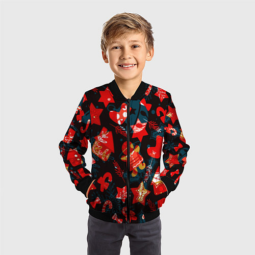 Детский бомбер Рождественские узоры красные / 3D-Черный – фото 3