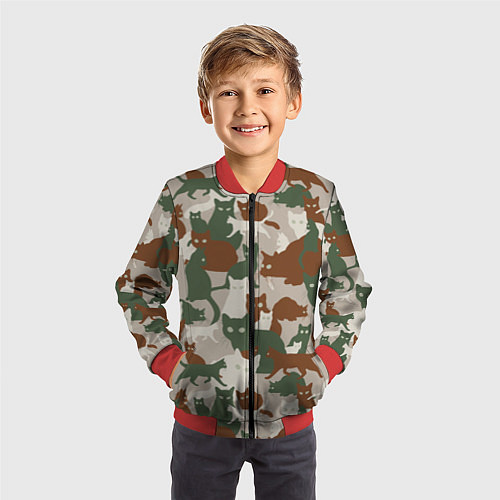 Детский бомбер Кошки - камуфляж / 3D-Красный – фото 3