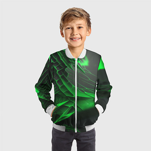 Детский бомбер Зелёная сеть на чёрном фоне / 3D-Белый – фото 3