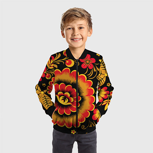 Детский бомбер Хохломская роспись красно-жёлтые цветы на чёрном ф / 3D-Черный – фото 3