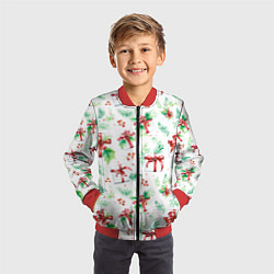Бомбер детский Елочные ветки и подарки с красным бантом акварелью, цвет: 3D-красный — фото 2