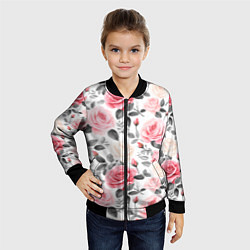 Бомбер детский Розовые розы и серые листочки - паттерн, цвет: 3D-черный — фото 2