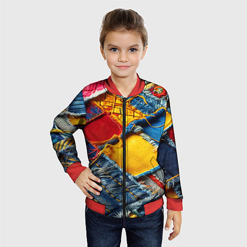 Детский бомбер Colorful denim patchwork - ai art / 3D-Красный – фото 4