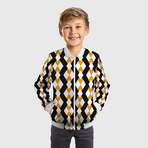 Детский бомбер Жёлтые и белые ромбы на чёрном фоне / 3D-Белый – фото 3