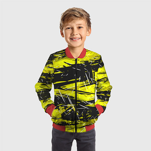 Детский бомбер Yellow geometry - спортивный узор / 3D-Красный – фото 3