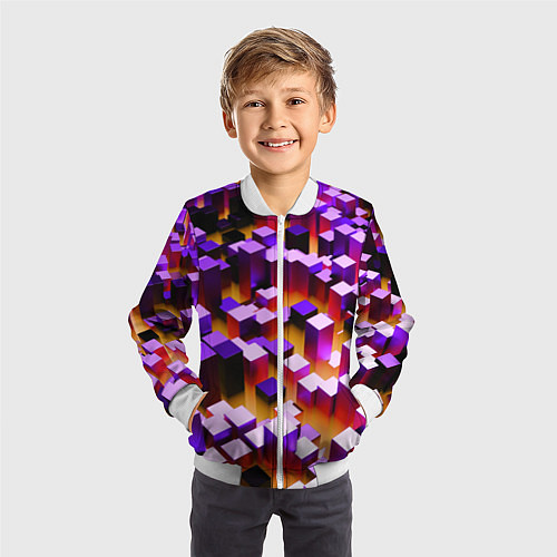 Детский бомбер Фиолетовые блоки в оранжевом тумане / 3D-Белый – фото 3