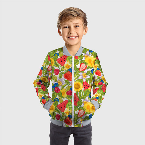 Детский бомбер Фрукты на цветочном фоне / 3D-Серый – фото 3