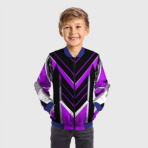 Детский бомбер Фиолетово-серые полосы на чёрном фоне / 3D-Синий – фото 3