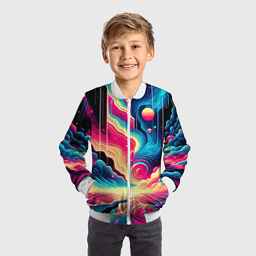 Детский бомбер Neon space fantasy - ai art / 3D-Белый – фото 3
