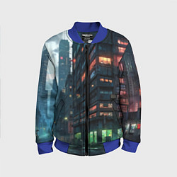Бомбер детский Вечерня улица в неоновых лучах, цвет: 3D-синий
