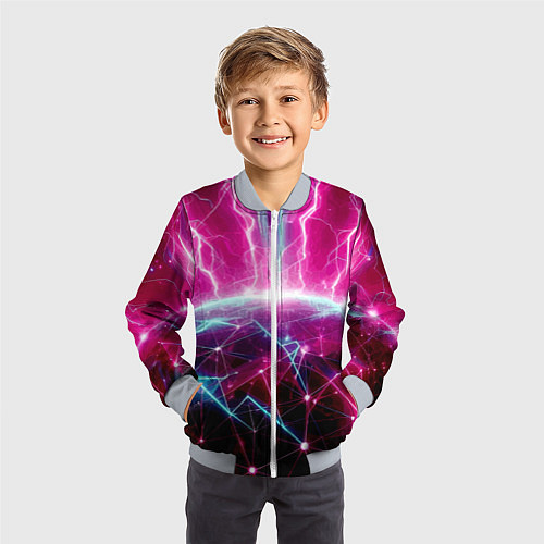 Детский бомбер Неоновые молнии ударяют в планету - нейроарт / 3D-Серый – фото 3