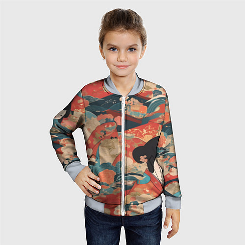 Детский бомбер Японский орнамент с девушкой / 3D-Серый – фото 4