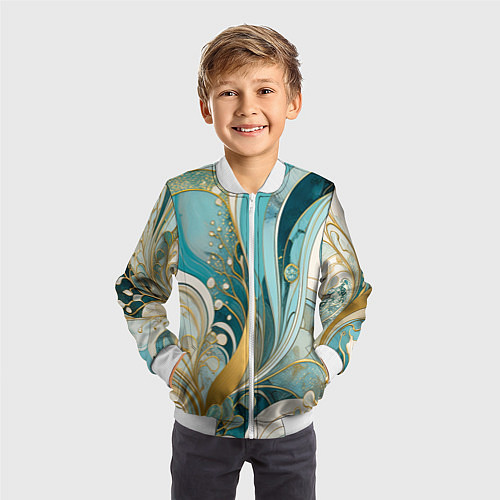 Детский бомбер Бирюзовый с белым растительный узор в мягких тонах / 3D-Белый – фото 3